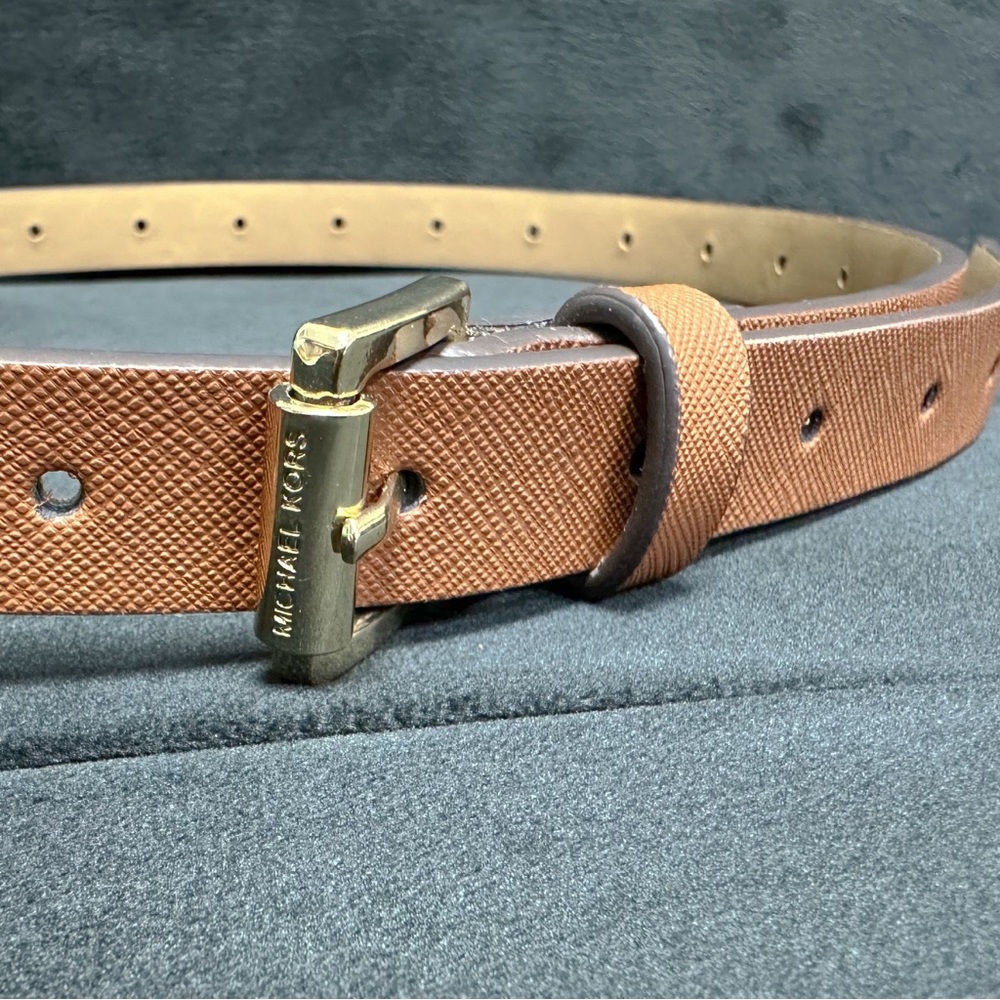 Michael Kors Saffiano Leather Belt Tan Gold Buckle